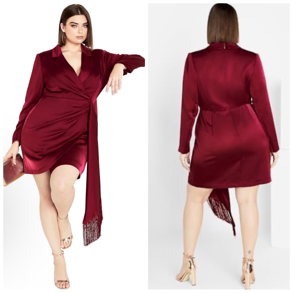 CITY CHIC Women Size XS/14 Berry Satin Elora Long Sleeve Faux Wrap Blazer Dress
